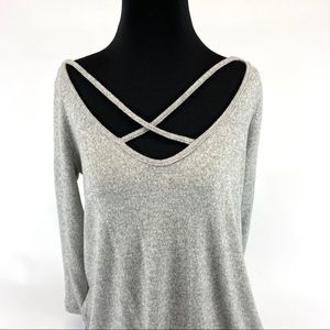 Poof soft grey knit criss-cross vneck top -  S